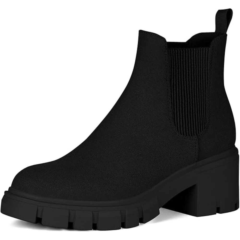 Women's Black Lug Sole Chunky Heel Slip on Elastic Ankle Chelsea  Booties